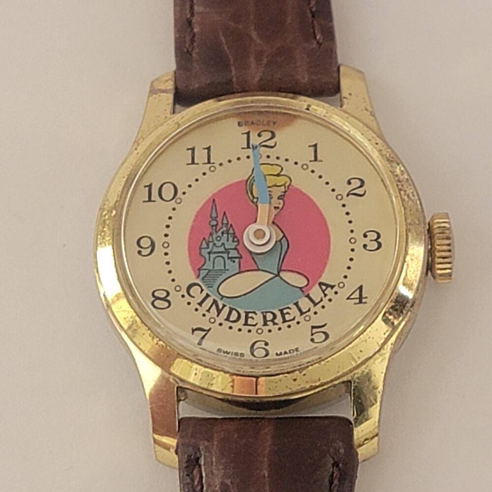 Bradley Cinderella Girls Watch Gold Case Cream Dial Brown Leather Vintage Swiss